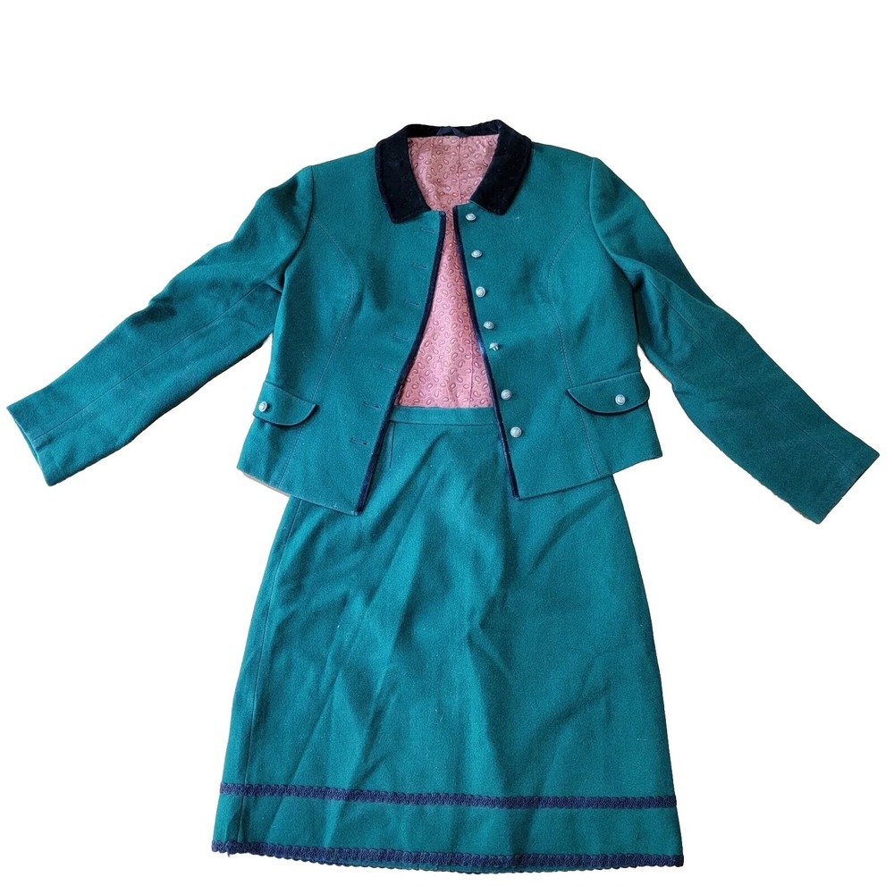 VINTAGE HAMO WOOL SKIRT SUIT SET DARK GREEN WOMEN'S MADE IN AUSTRIA SIZE SMALL